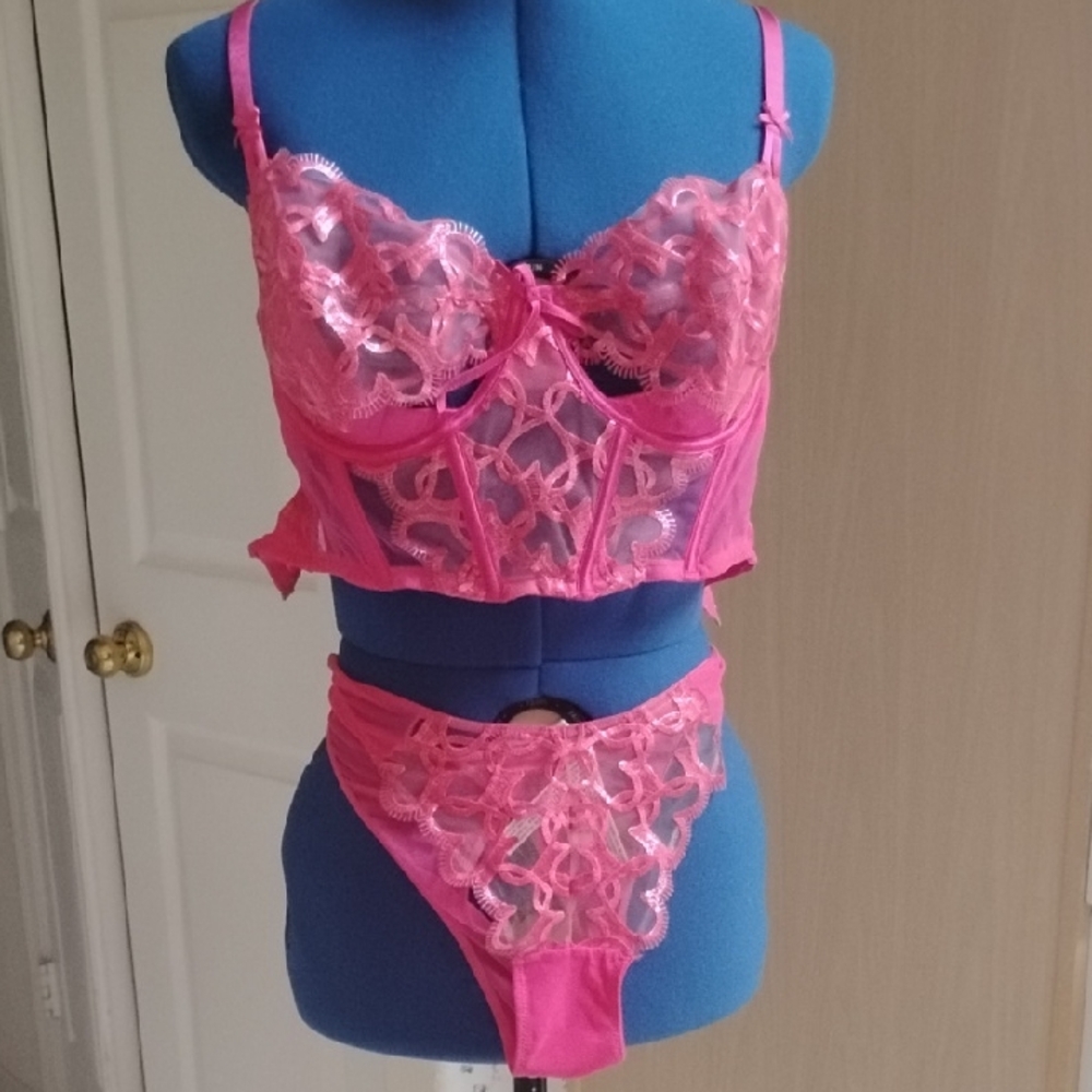 SET Victoria's Secret Wicked Shimmer Heart Embroidery Corset + Panty